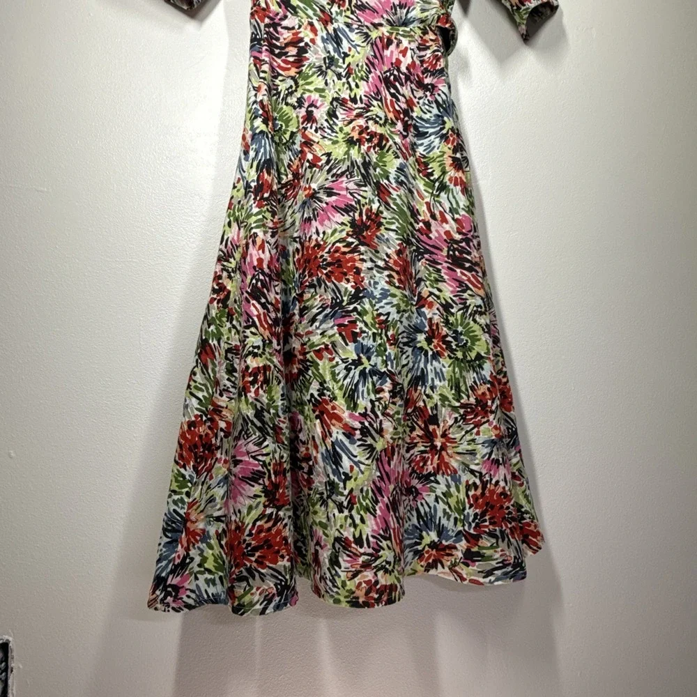 JG Hook Midi Dress Size 10 Linen Faux Wrap Multicolor Abstract Floral Belted - Picture 4 of 16